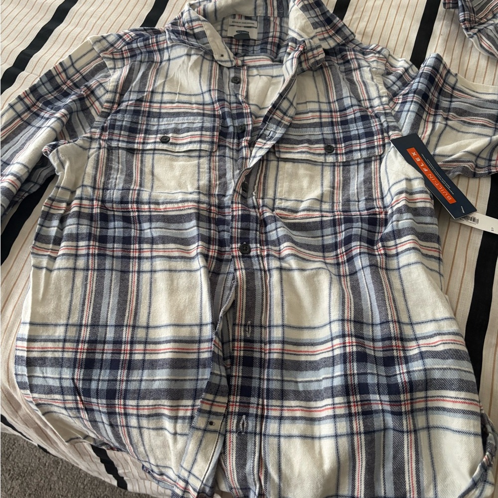 Old Navy Men’s Plaid Button-Down Shirt - White, Navy, Red